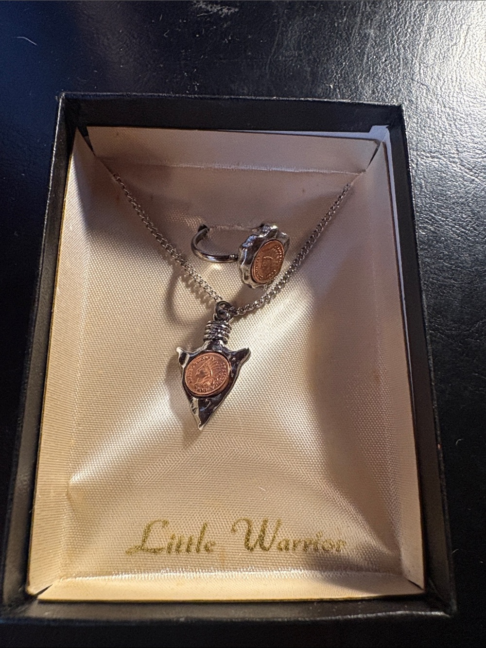 Silver and Copper Arrowhead Pendant Necklace and Ring Set